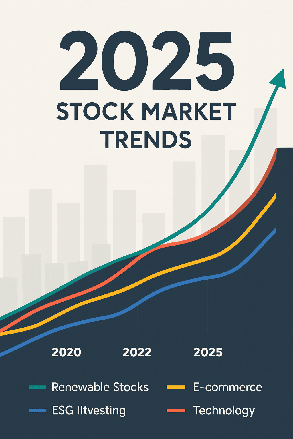 Infographic showing 2025 stock market trends with rising lines for renewable energy, e-commerce, ESG investing, and technology sectors on a dark blue graph background.