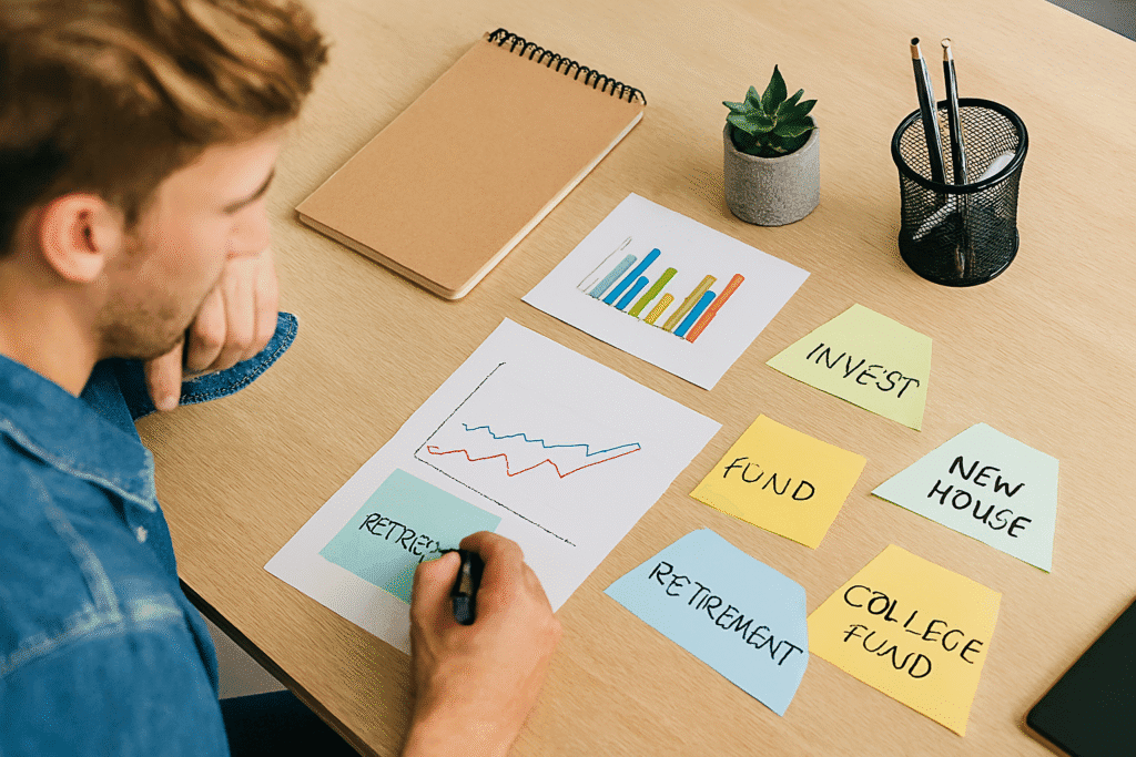 Investor planning financial goals with charts and sticky notes on desk