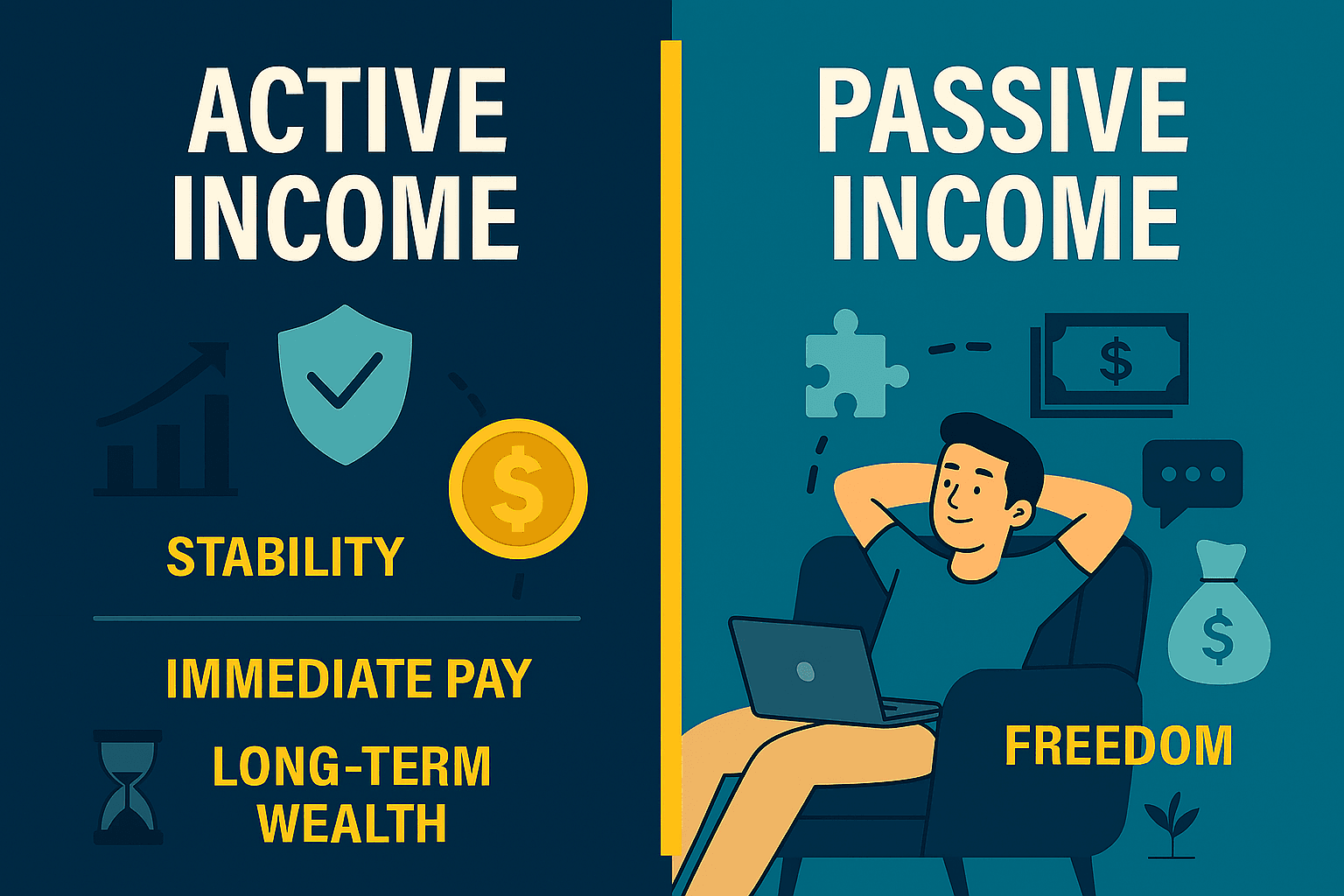 Futuristic 2025 finance dashboard illustration showing active income vs passive income streams, investments, and freelancing platforms — horizontal layout.