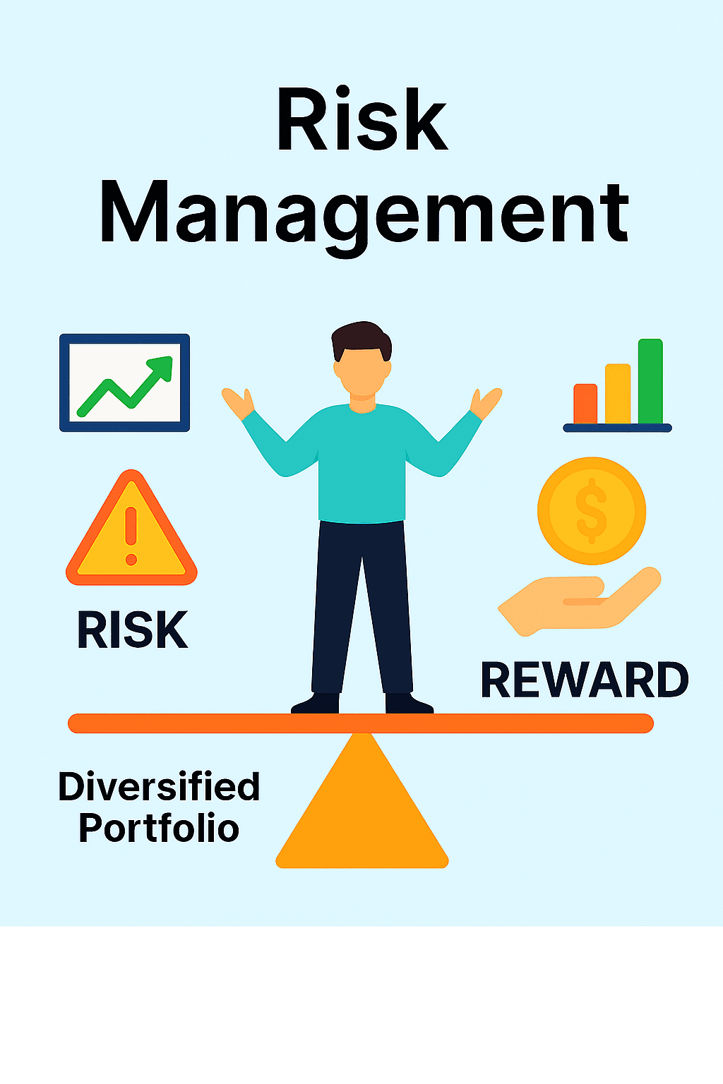 Illustration of investor balancing risk and reward on a scale with stock market icons