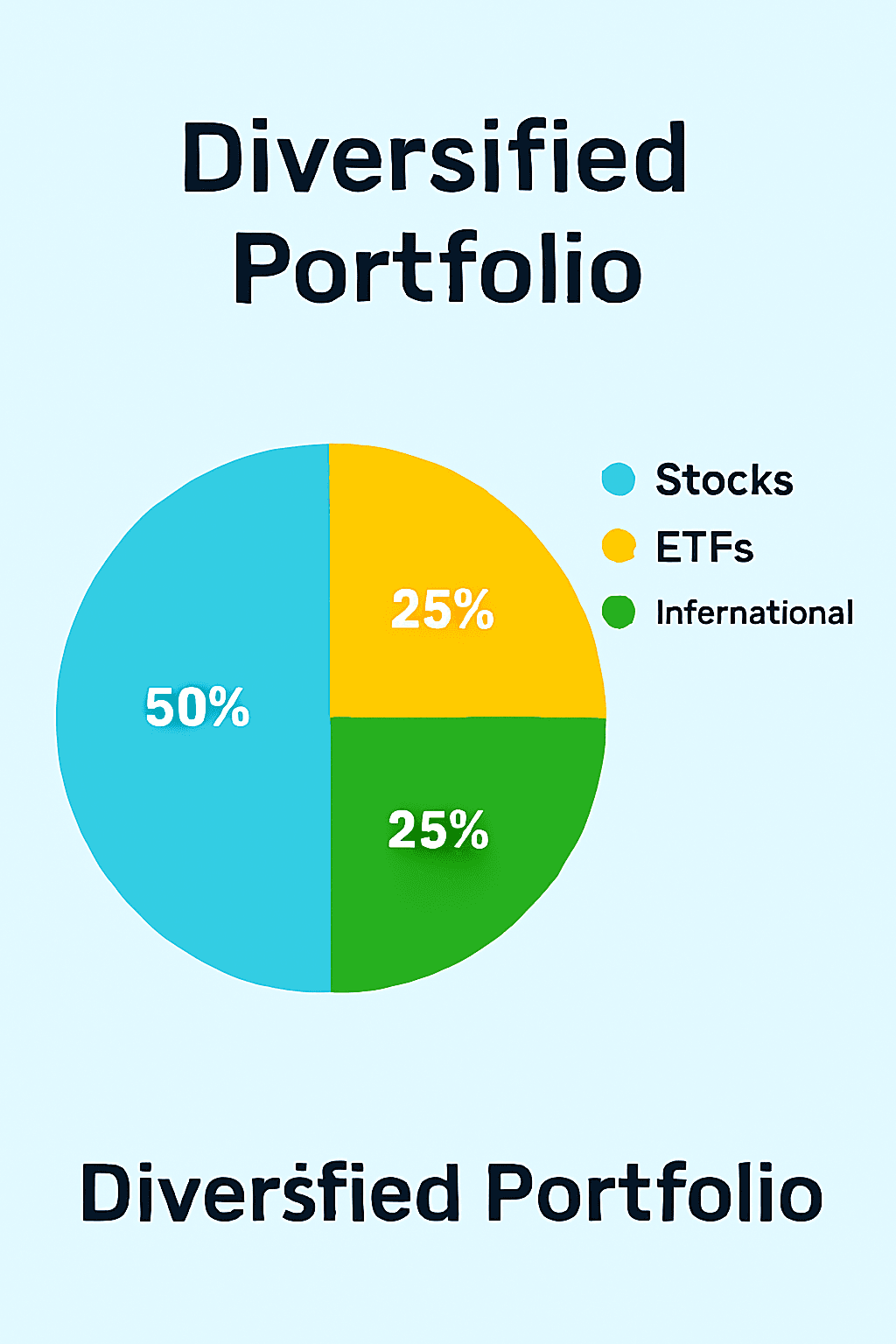 Pie chart illustration showing a diversified investment portfolio with stocks, ETFs, and international assets