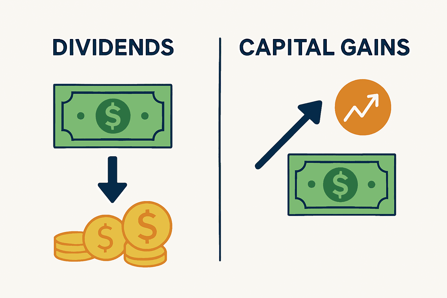 Infographic comparing dividends and capital gains for investors