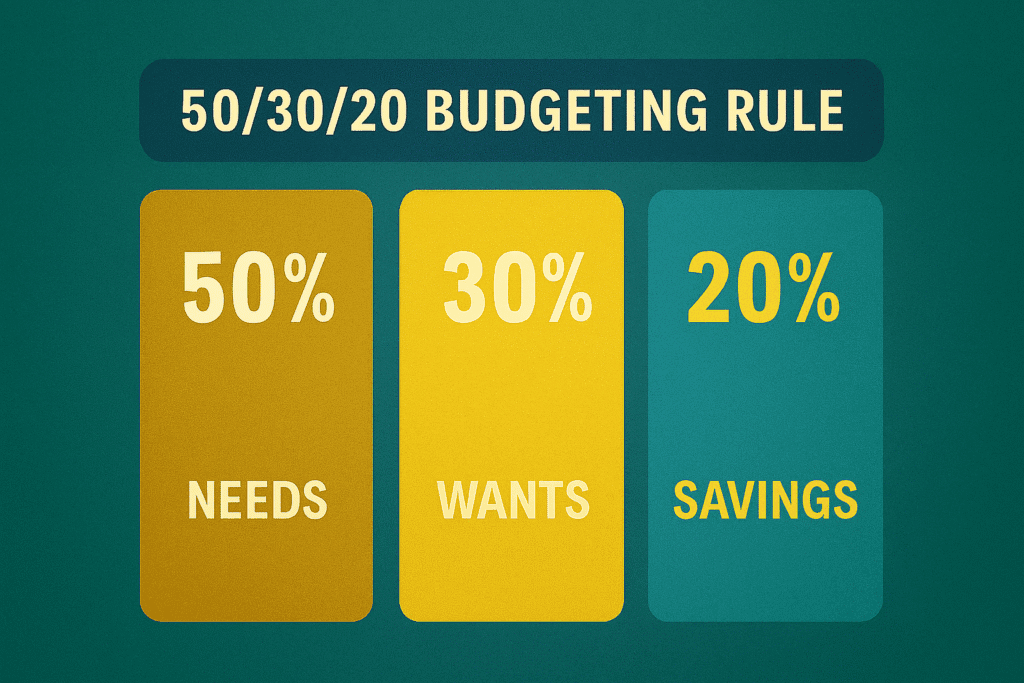 50/30/20 budgeting rule infographic showing needs, wants, and savings for young adults