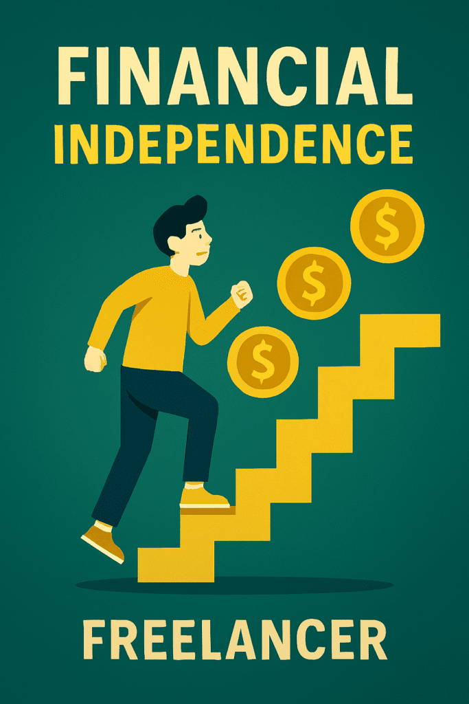 Young adult climbing stairs with money icons symbolizing financial independence and wealth building
