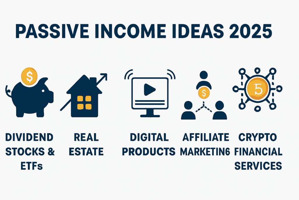 Best passive income ideas for 2025 — visual overview of top finance strategies including stocks, real estate, crypto, and digital products