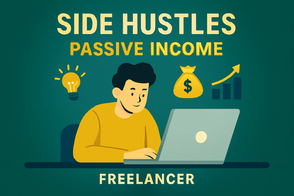 Freelancer working on laptop demonstrating side hustles and passive income opportunities