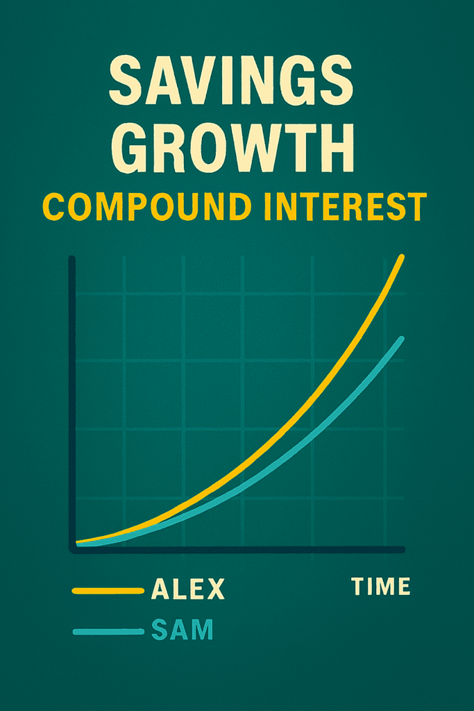 Line chart comparing Alex vs Sam savings growth with compound interest over time
