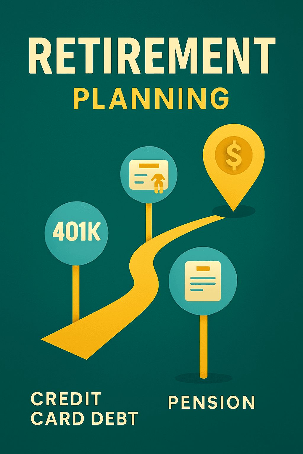 Retirement planning roadmap with 401k, IRA, and pension icons for financial planning