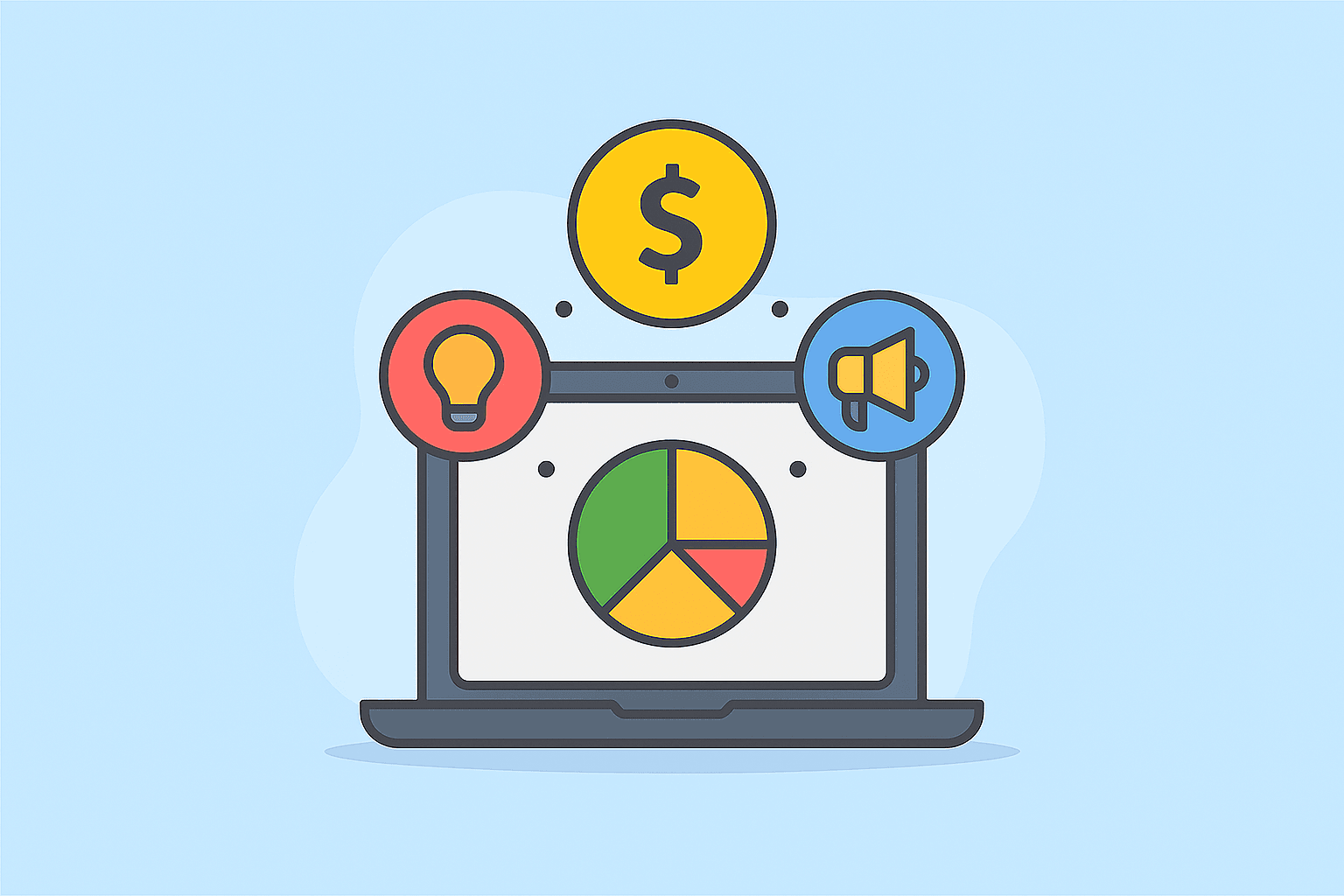 Laptop with dollar signs and side hustle icons, representing online income opportunities like freelancing and e-commerce.”