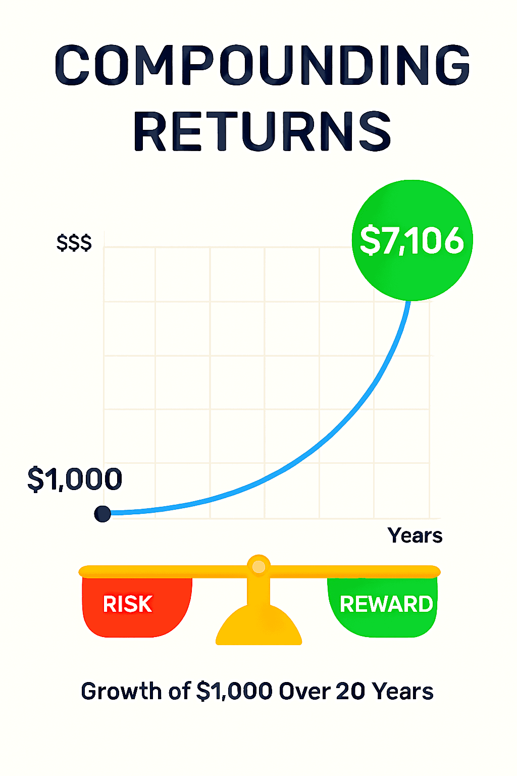 Line chart showing how a $1000 investment grows over 20 years with 8% annual compounding returns