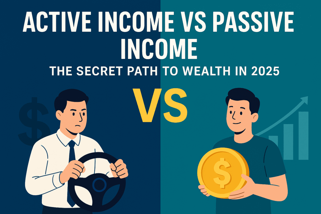 plit-screen illustration comparing active income and passive income, showing young adults in 2025 managing work and investments, with bold VS symbol and finance icons — horizontal layout.