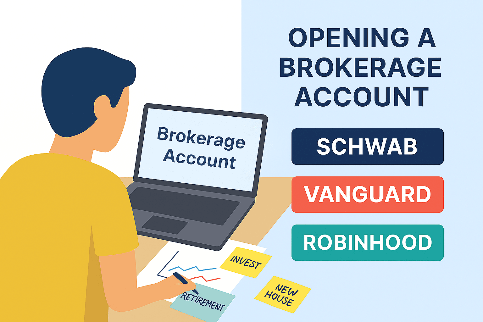 Person opening brokerage account with Schwab, Vanguard, and Robinhood options on screen