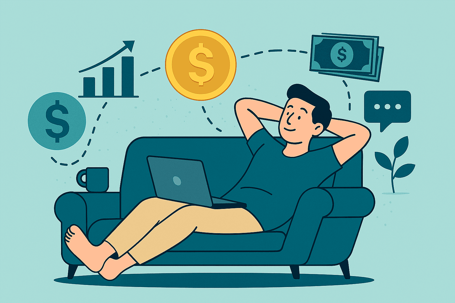 llustration of a relaxed person lounging on a sofa while money flows from investments, symbolizing passive income in 2025 — modern flat design in horizontal format."