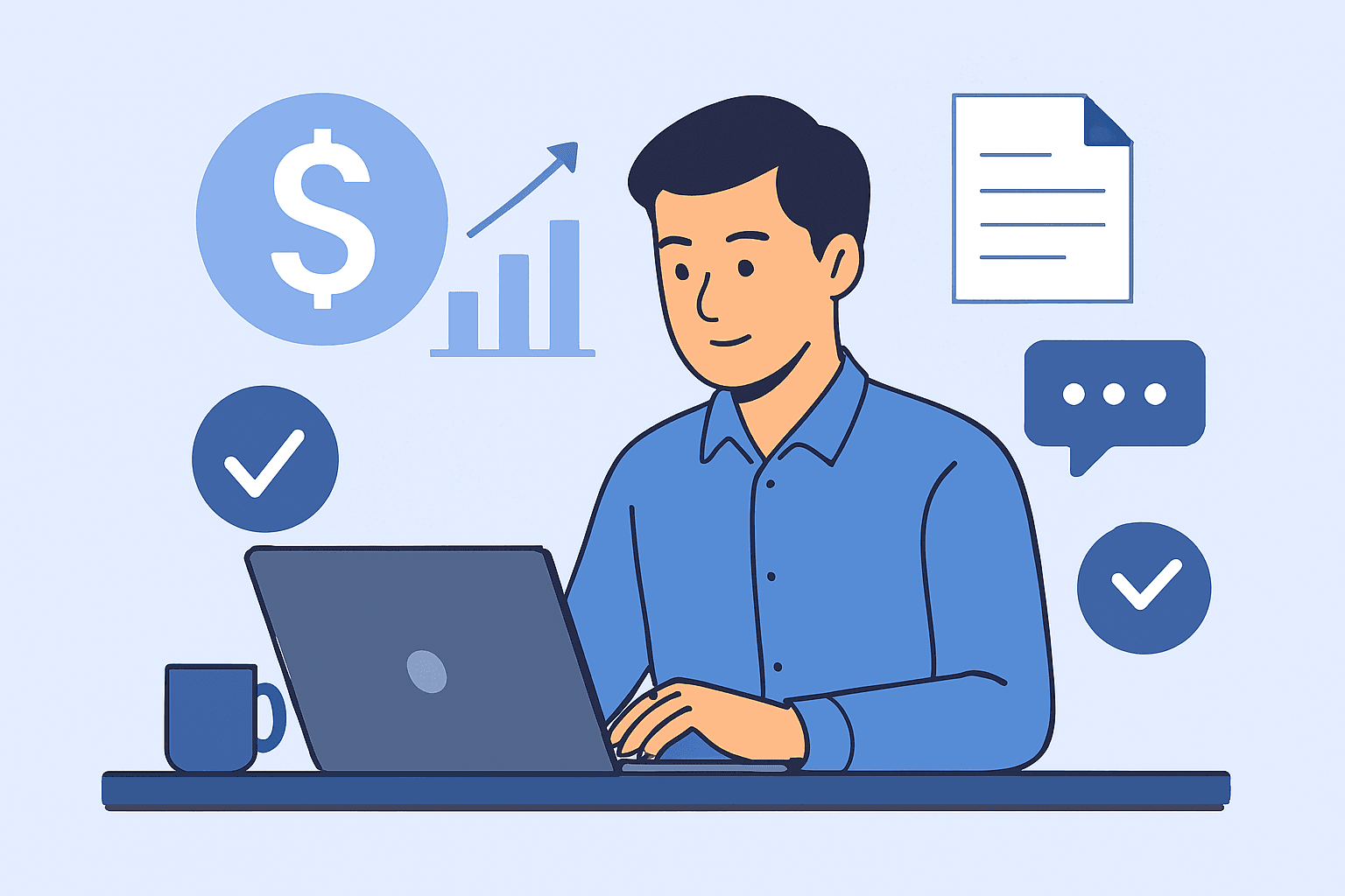 Illustration of a young professional working on a laptop, symbolizing active income through freelancing, surrounded by finance icons like dollar sign, bar chart, and clock — clean flat design in horizontal format.