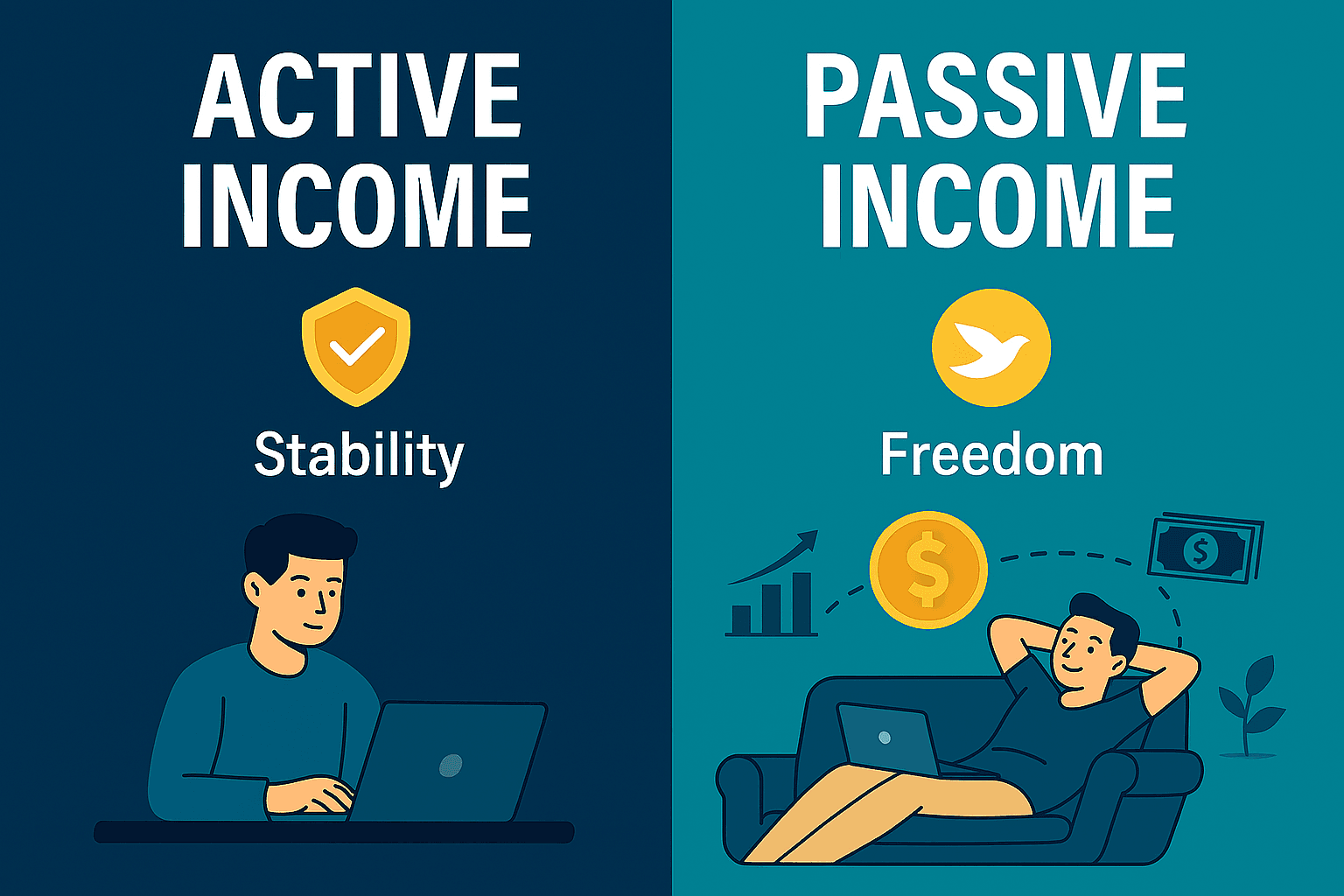 Split-screen infographic comparing active income and passive income, showing stability vs freedom with modern flat illustrations — horizontal layout.