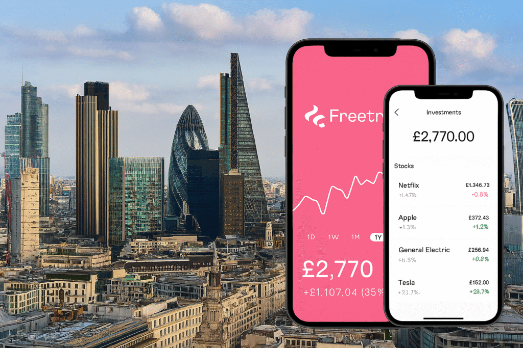 Best Online Brokers for Beginners in UK – Freetrade app and London skyline