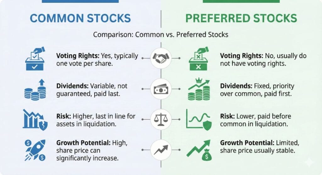 Infographic comparing common vs preferred stocks with icons for rights, dividends, and risk