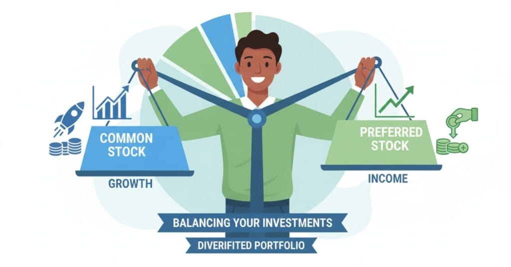 Illustration of beginner investor balancing common vs preferred stocks