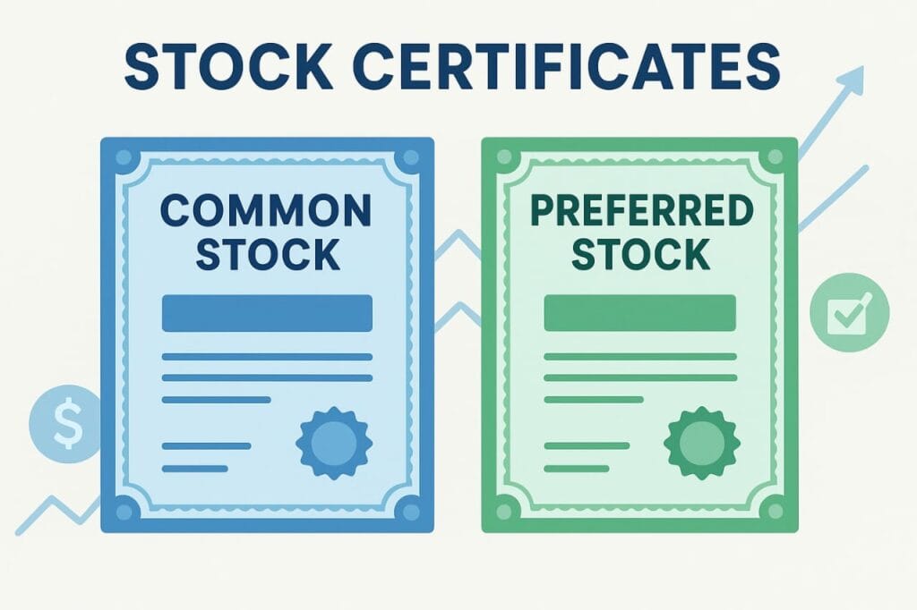 Featured image comparing common vs preferred stocks with certificates, charts, and icons