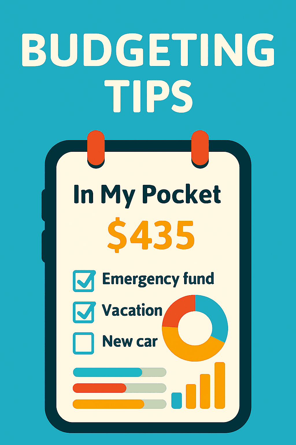 Checklist and calendar showing savings goals like emergency fund, vacation, and new 