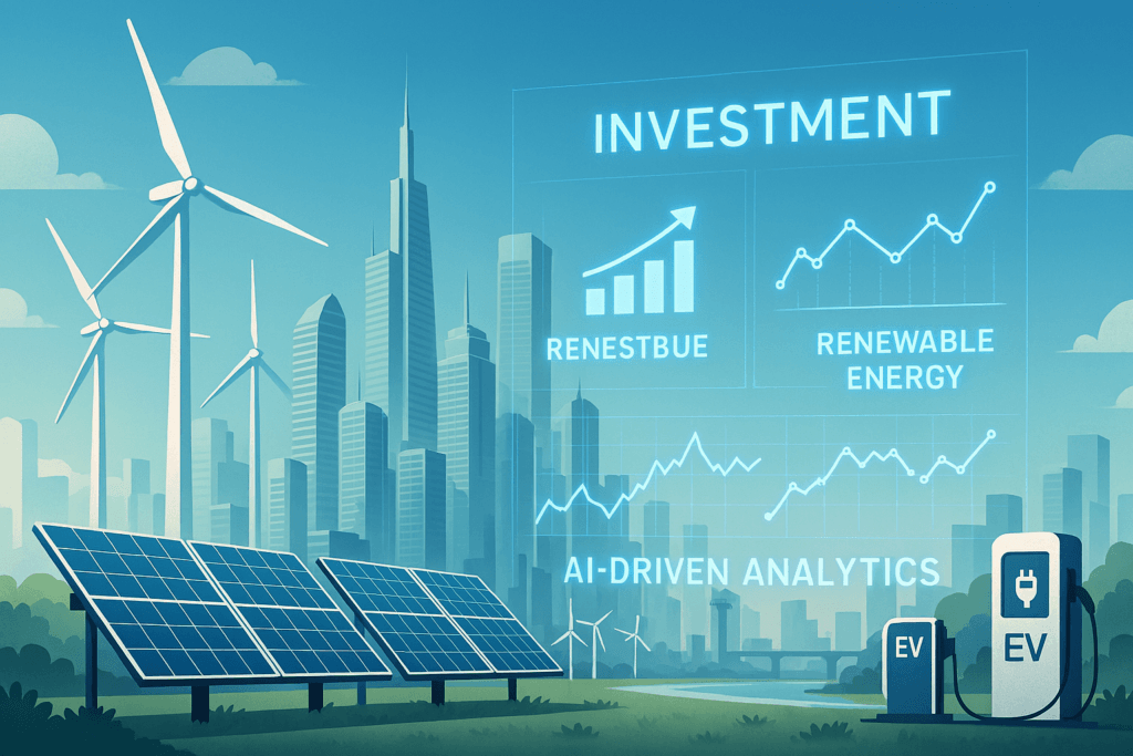 Energy transition investments 2026 – renewable city infrastructure with AI analytics overlay