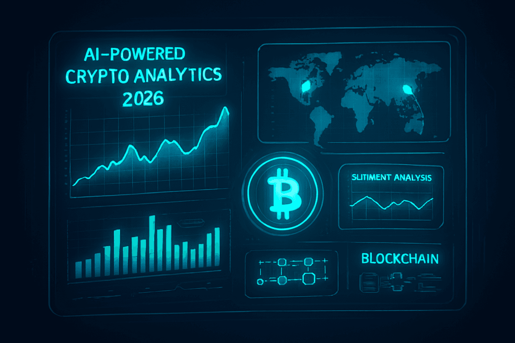 AI‑Powered Crypto Analytics 2026 dashboard with blockchain charts and predictive trading signals.