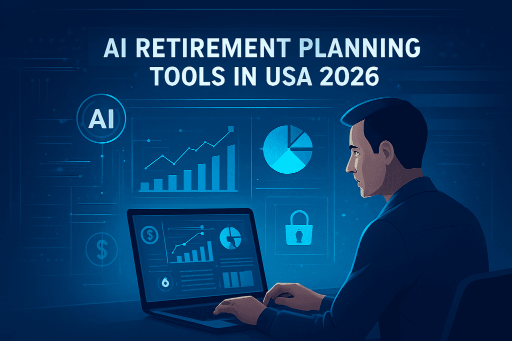 AI retirement planning tools in USA 2026 digital dashboard with savings graphs and forecasts
