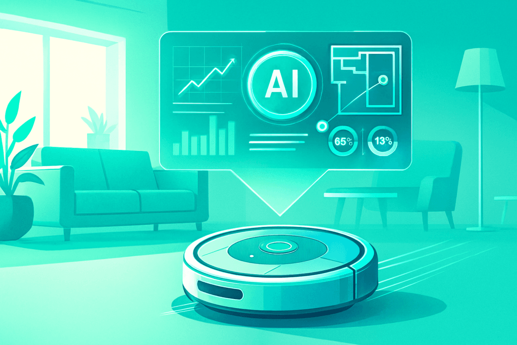 Futuristic Roomba vacuum with AI holographic interface showing smart home efficiency 2026.