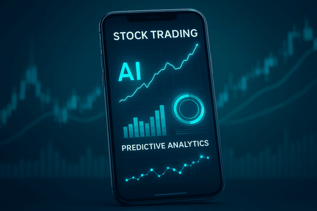 AI stock trading app dashboard with predictive analytics charts on smartphone, futuristic finance theme USA 2026