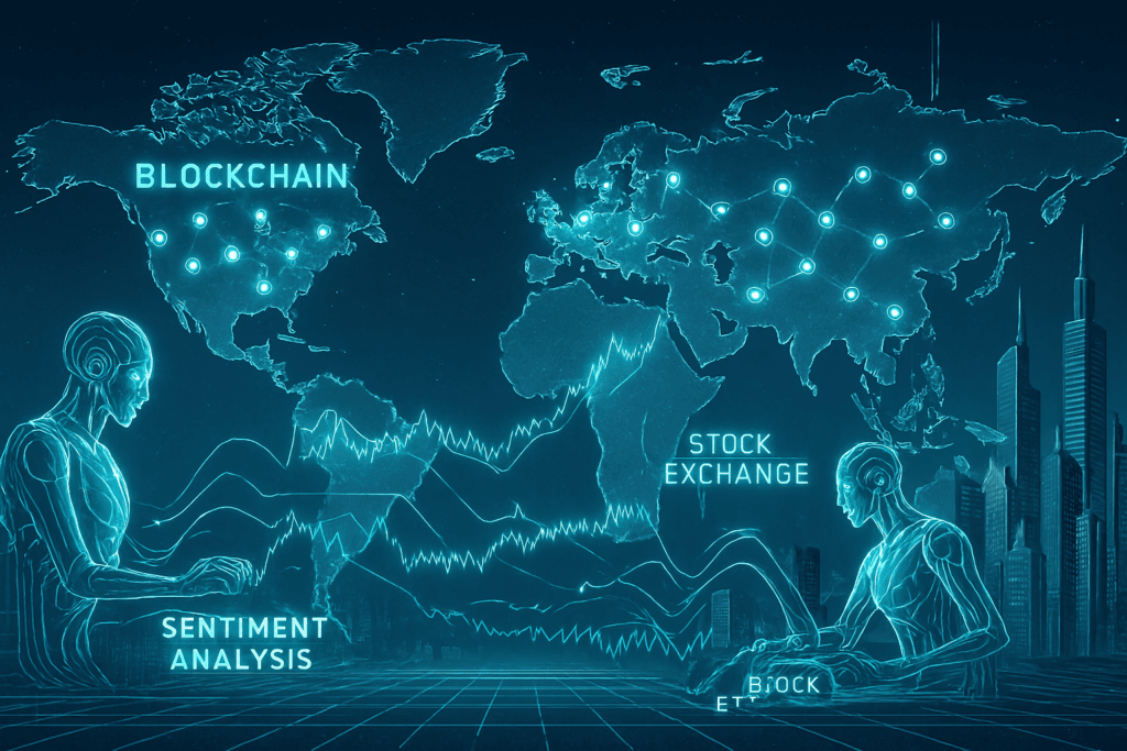 Future of AI investment research tools USA 2026 with blockchain integration and global finance visualization