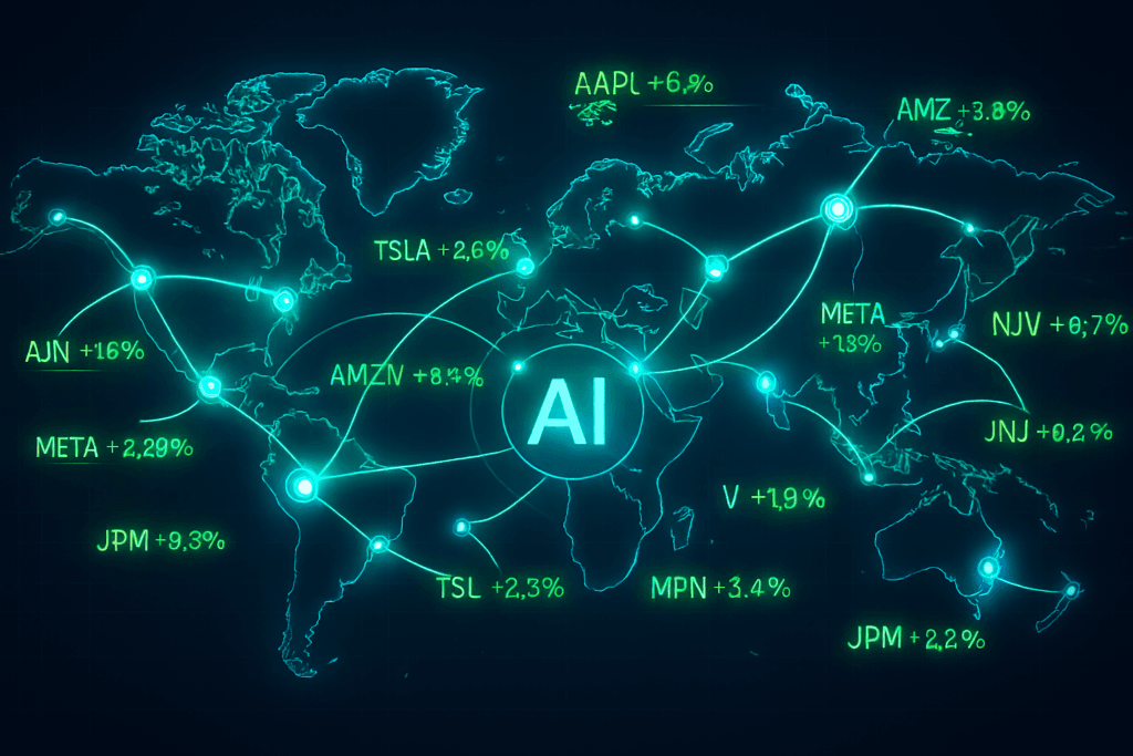 Global AI investing trends 2026 with world map and connected stock tickers
