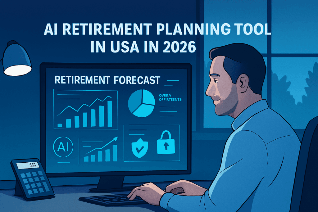 Professional using AI retirement planning tool in USA 2026 with secure forecasts and portfolio charts