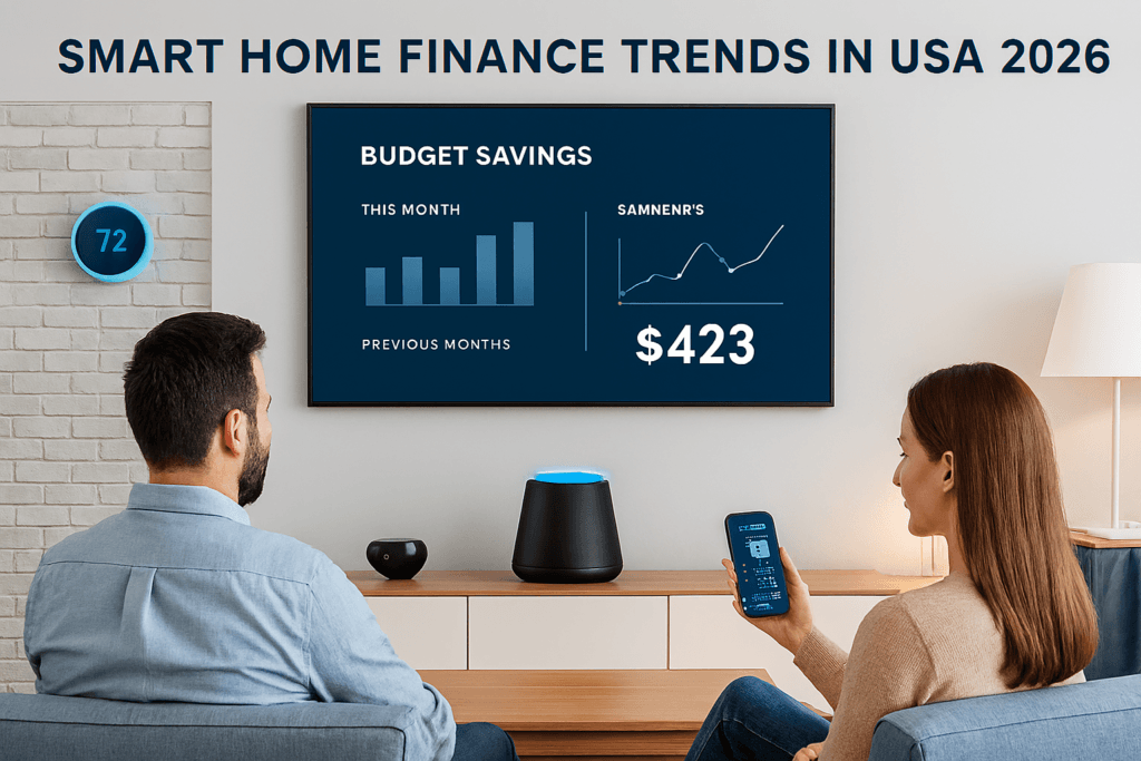 Smart home finance trends in USA 2026 hero image with AI budgeting dashboard and connected devices