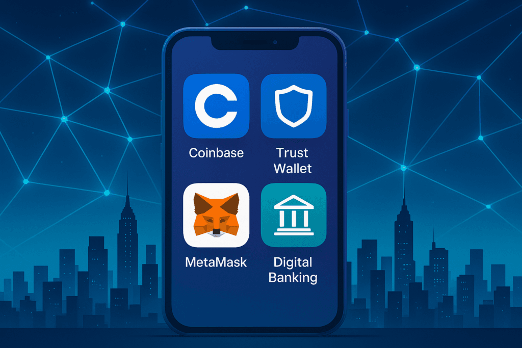 Fintech and cryptocurrency wallets in USA 2025 with mobile apps and blockchain network.