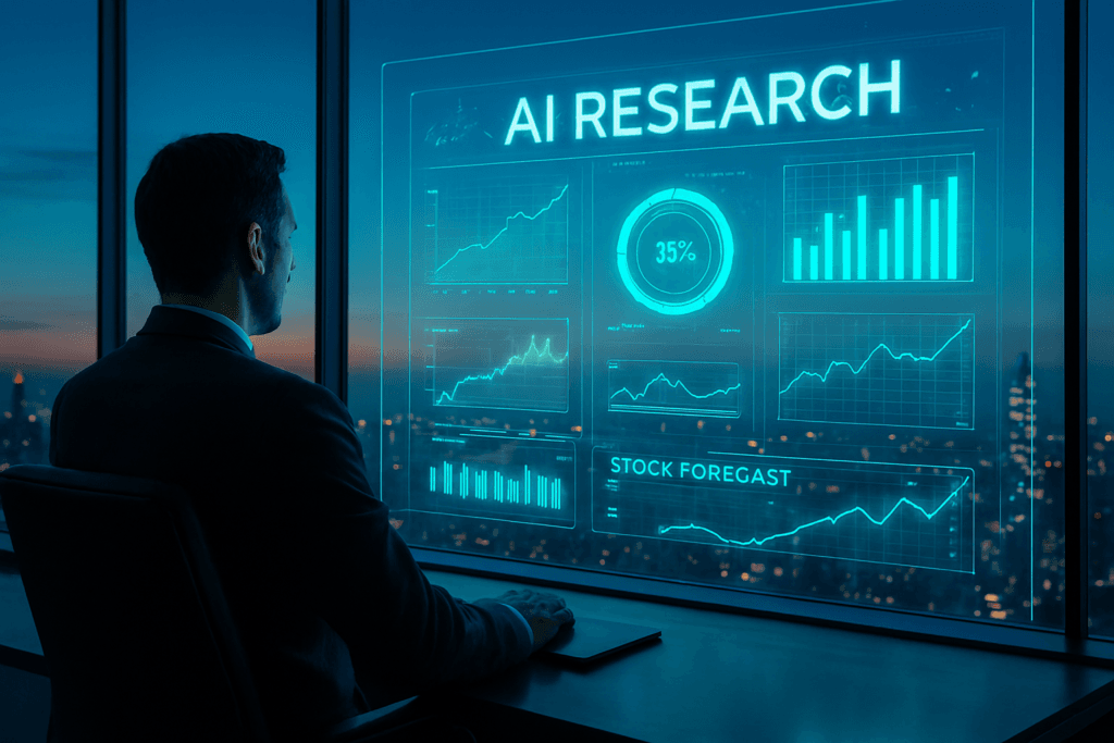 Hero image showing AI investment research tools USA 2026 with futuristic dashboard and investor