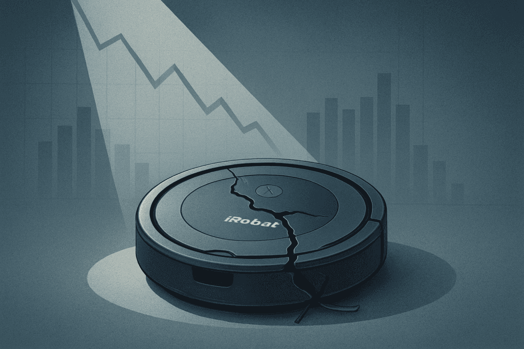 iRobot Roomba under spotlight with financial charts symbolizing bankruptcy 2025.