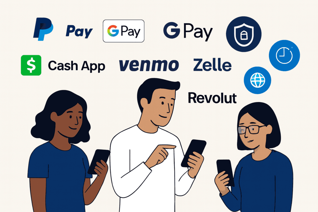Featured illustration of people using smartphones with icons of the Best Online Payment Apps in USA 2025.