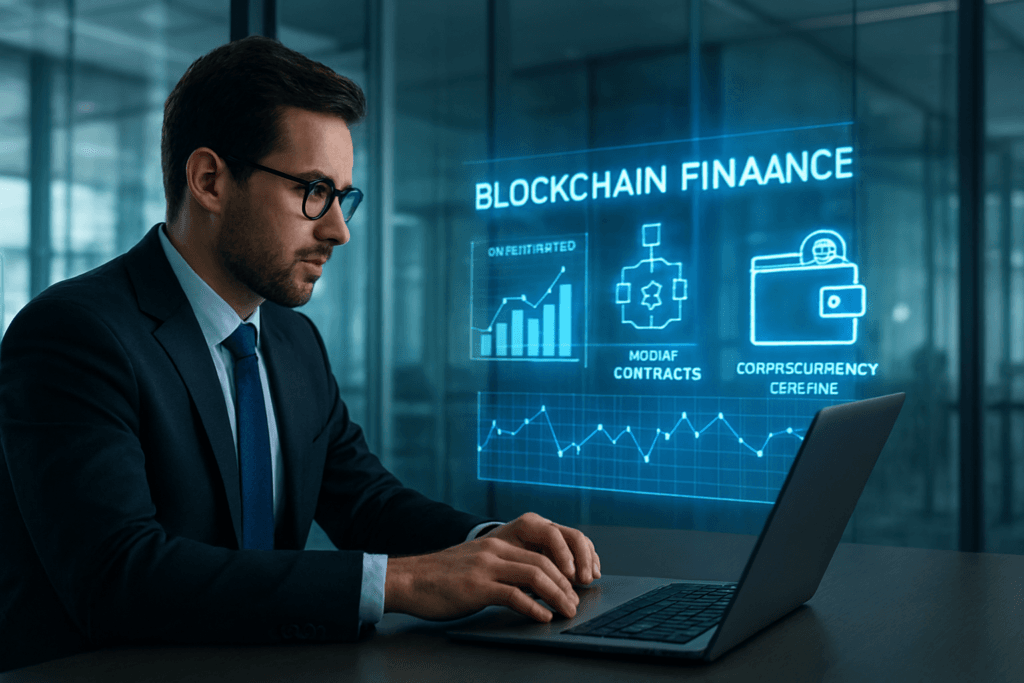 Blockchain finance trends 2026 – investor reviewing transparent blockchain data and smart contracts