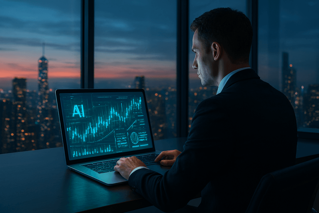Hero image showing AI stock trading apps in USA 2026 with futuristic charts and investor at desk