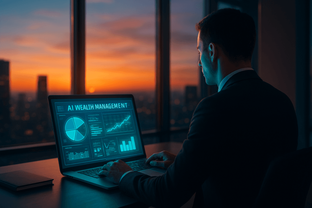 Hero image showing AI wealth management platforms in USA 2026 with futuristic dashboard and investor