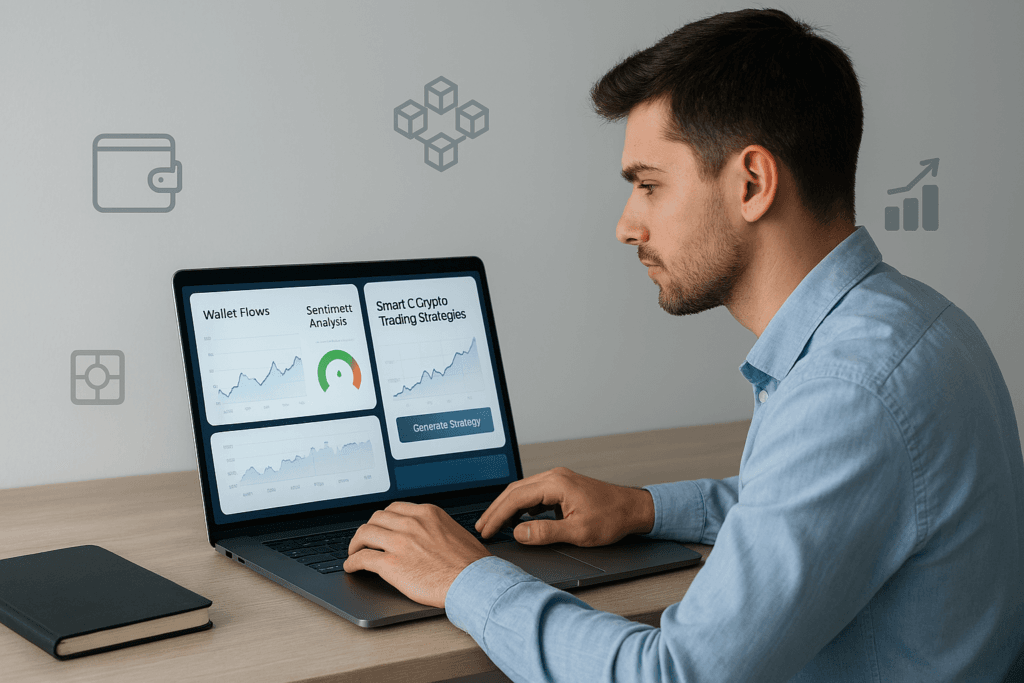 Retail investor using AI crypto trading tools 2026 with blockchain analytics dashboard.