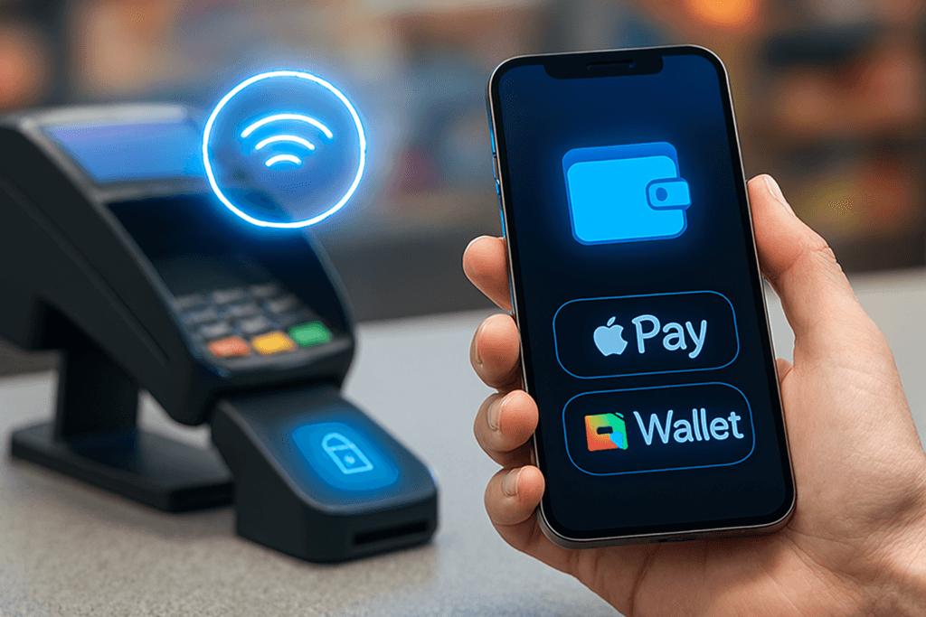Smartphone showing Apple Pay and Google Wallet being used at a checkout counter in 2025.