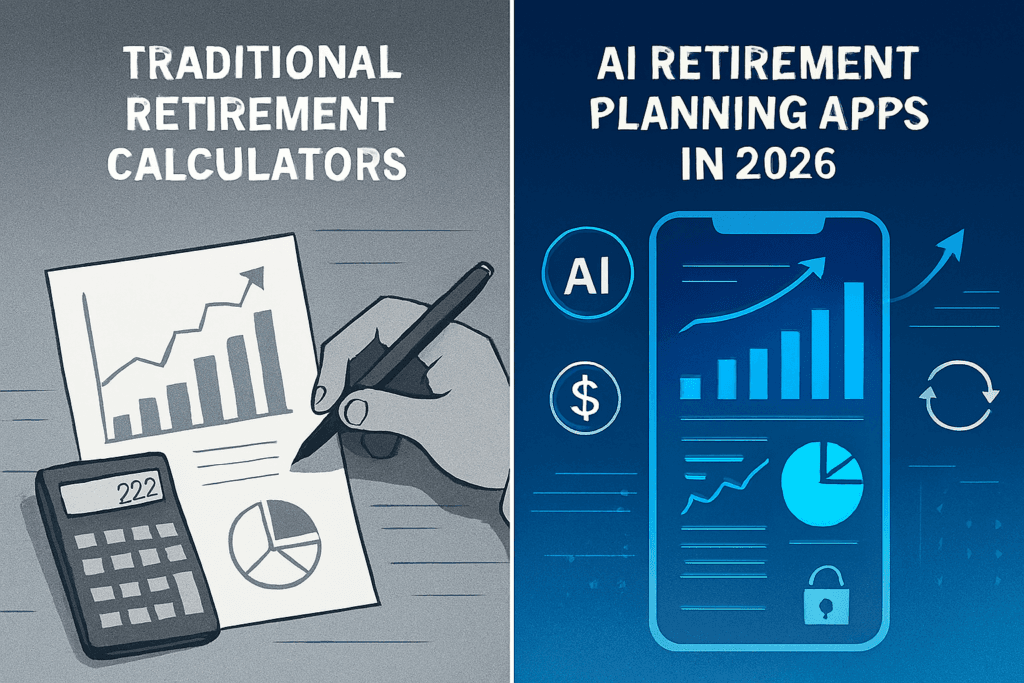 Comparison of traditional retirement calculators versus AI retirement planning apps in USA 2026