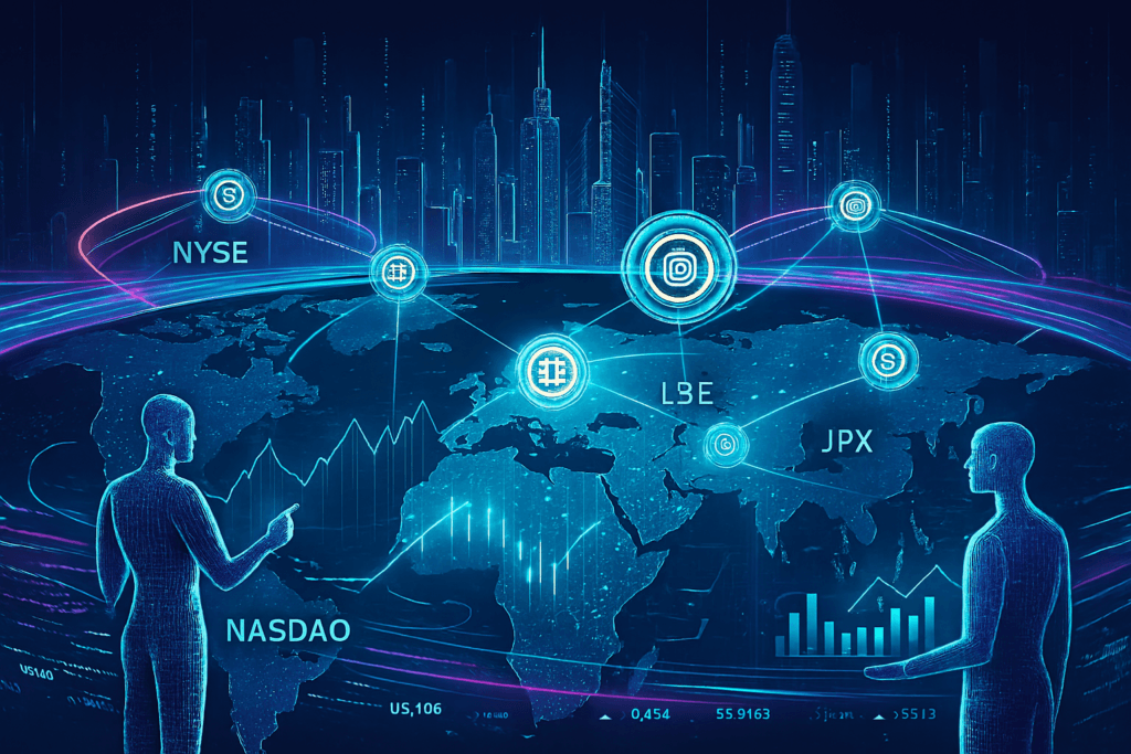 Future of AI stock trading apps USA 2026 with blockchain integration and global finance visualization