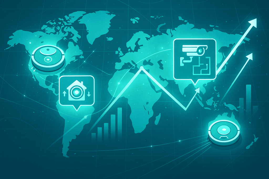 Global map highlighting USA, UK, Canada, Australia with smart home finance trends icons.