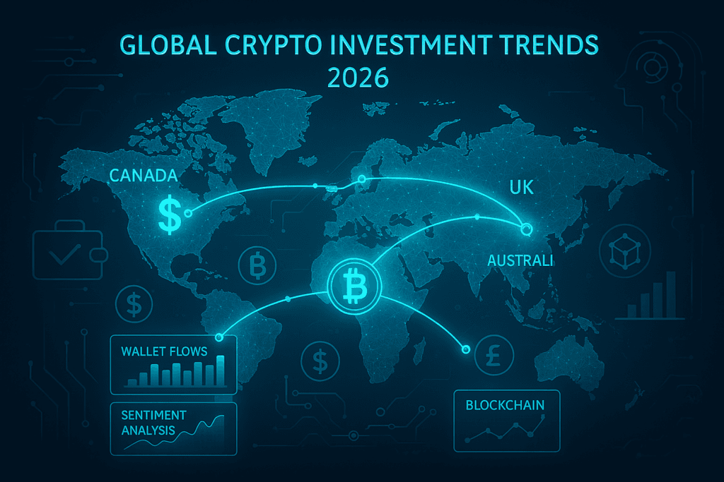 Global crypto investment trends 2026 with AI blockchain analytics across USA, UK, Canada, Australia.