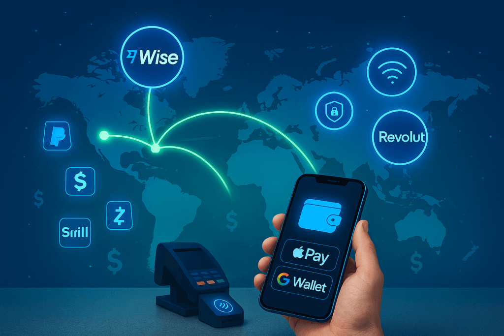 World map showing Wise, Skrill, and Revolut connecting USA to UK, Canada, and Australia for global payments.
