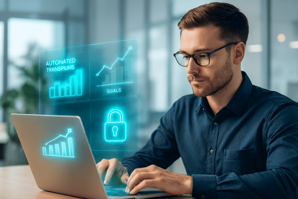 Professional using AI savings app with charts and security features.