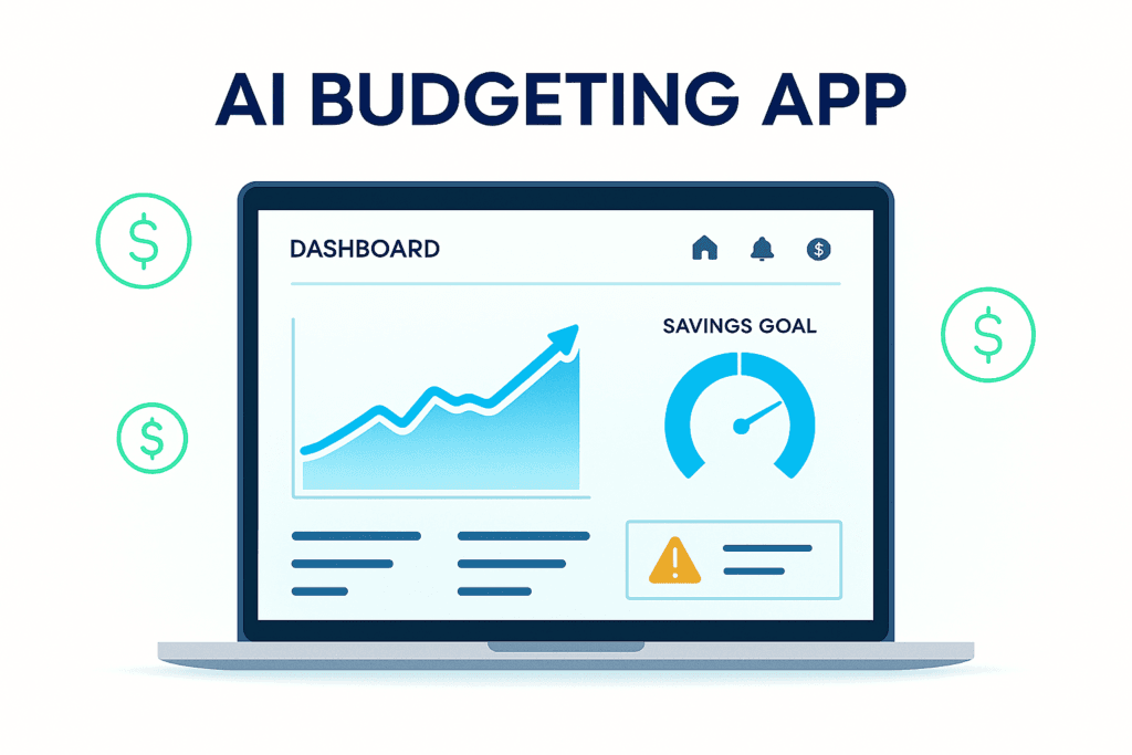 AI budgeting app dashboard showing predictive spending and savings goals