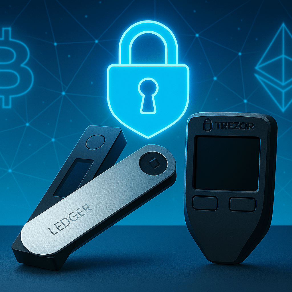 Ledger Nano X and Trezor Model T hardware wallets showing secure offline crypto storage